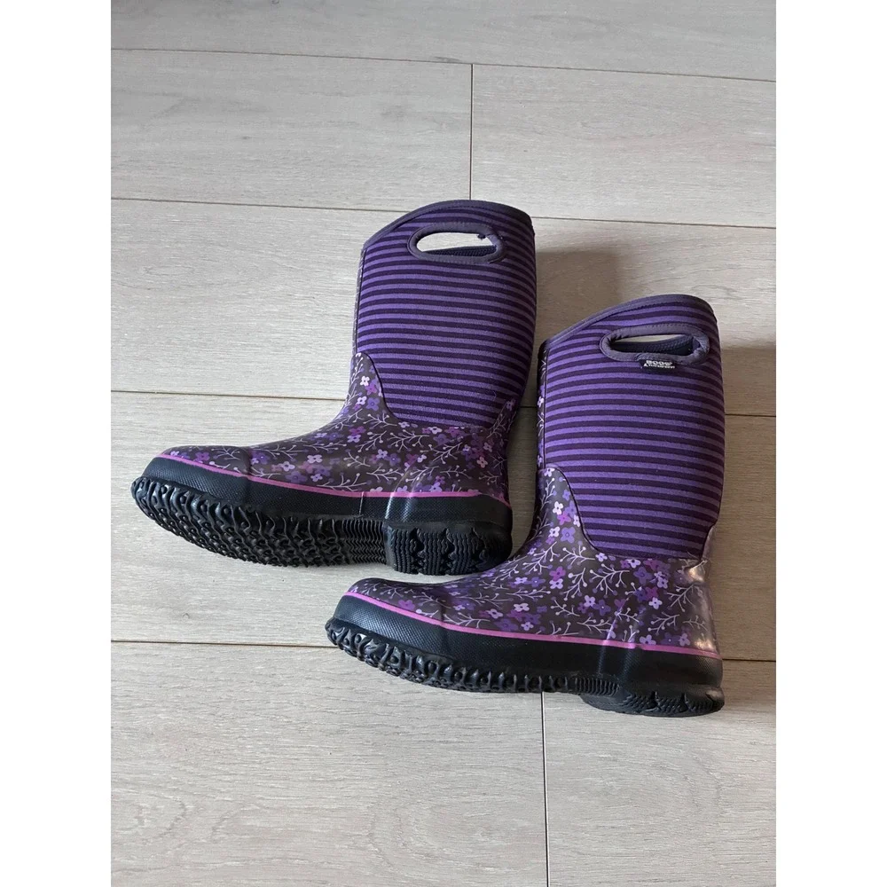 Bogs Classic Flower Stripe Purple Floral Rain Boots Kids Youth 5
